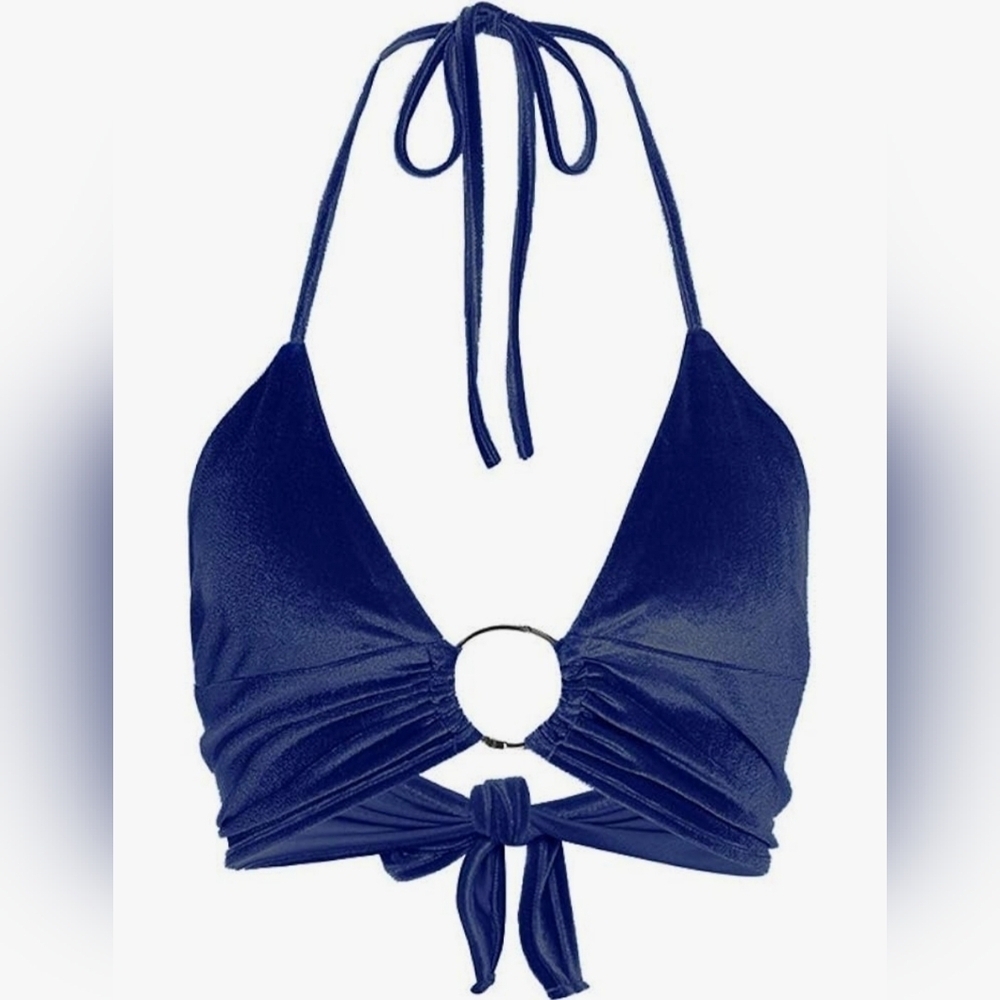 Y2K Women's Velvet Navy Blue Halter Backless Streetwear Sexy PartyTop, Size S